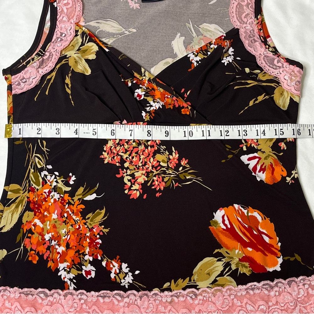 Y2K j.t.b. Floral Print Lace Trim Mock Wrap V Neck Top L Pink Brown Boho Spring - Picture 12 of 15